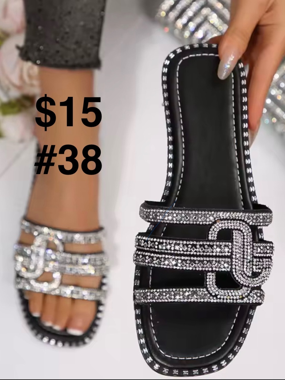 Women's Black Crystal Slide Sandals